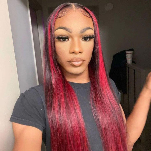 Dark Burgundy With Rose Red Highlights Glueless 13x4 Lace Color Wigs