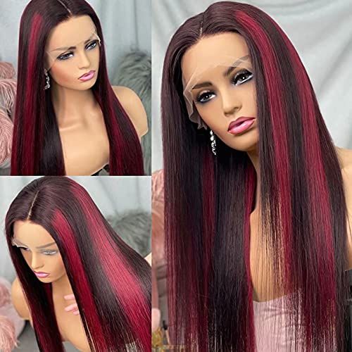 Dark Burgundy With Rose Red Highlights Glueless 13x4 Lace Color Wigs