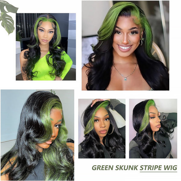 Green Skunk Stripe Hair Wig Piece Highlight Body Wave 13x4 Lace Front Human Hair Wig