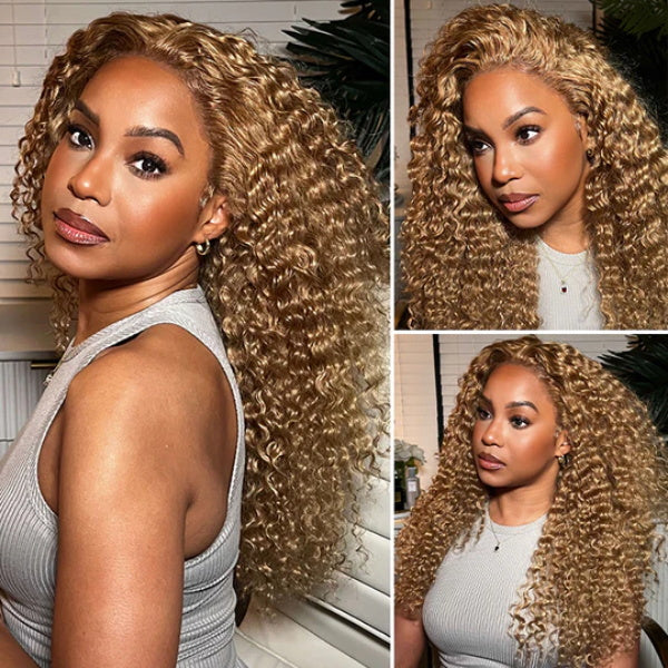 Deep Curly Honey Blonde #27 Colored 13X4 Lace Frontal Human Hair Wigs Pre-plucked With Baby Hair