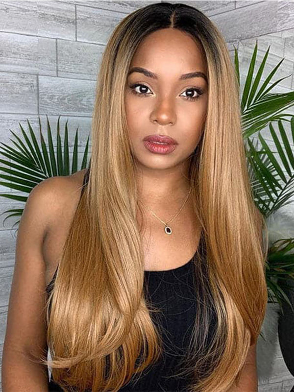 Ombre Wigs Straight Human Hair Wigs 1B27 Honey Blonde T Part Lace Wigs