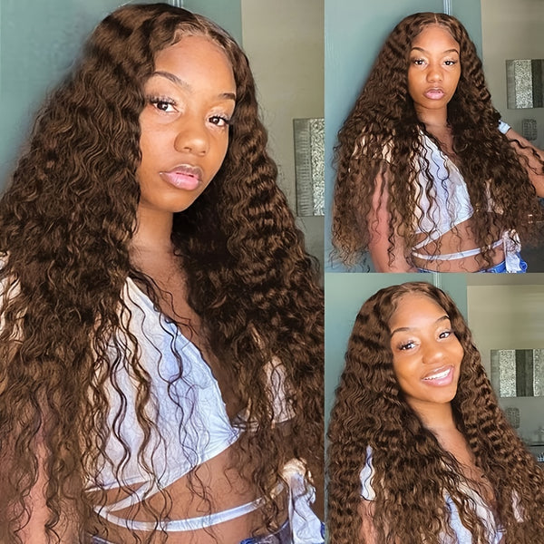 Chocolate Brown Lace Front Wig Deep Curly Lace Front Wigs Human Hair 180% Density