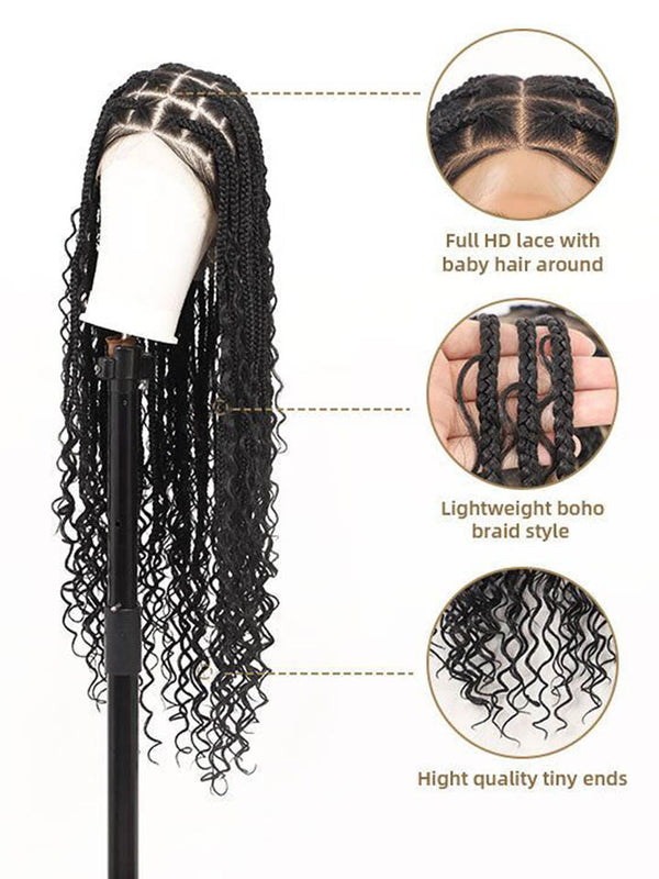 Boho Medium Knotless Box Braids With Curls Over Hip-Length 36" Full Hand Tied HD Lace Braided Wig