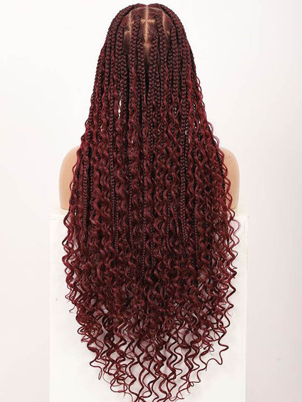 Boho Medium Knotless Box Braids With Curls Over Hip-Length 36" Full Hand Tied HD Lace Braided Wig