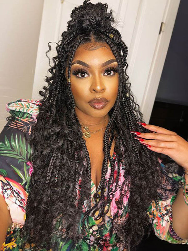 Boho Medium Knotless Box Braids With Curls Over Hip-Length 36" Full Hand Tied HD Lace Braided Wig