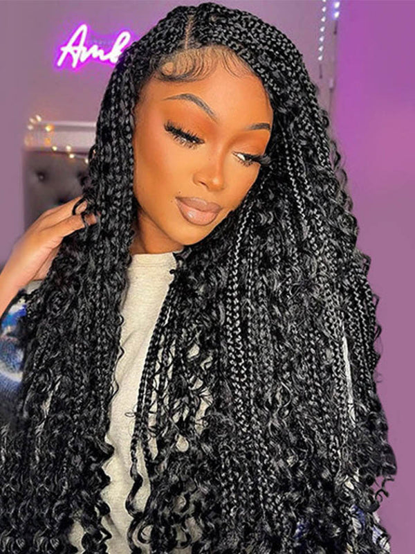 Boho Medium Knotless Box Braids With Curls Over Hip-Length 36" Full Hand Tied HD Lace Braided Wig