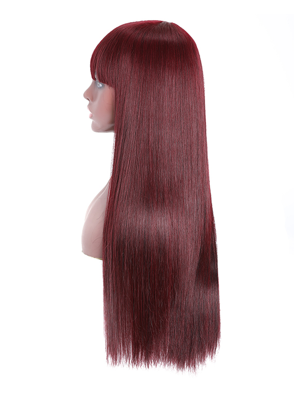 99J Straight Human Hair Wigs With Bangs 180% Density Red Color Machine Made Non-Lace Wigs For Black Women