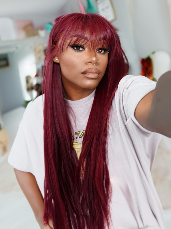 99J Straight Human Hair Wigs With Bangs 180% Density Red Color Machine Made Non-Lace Wigs For Black Women