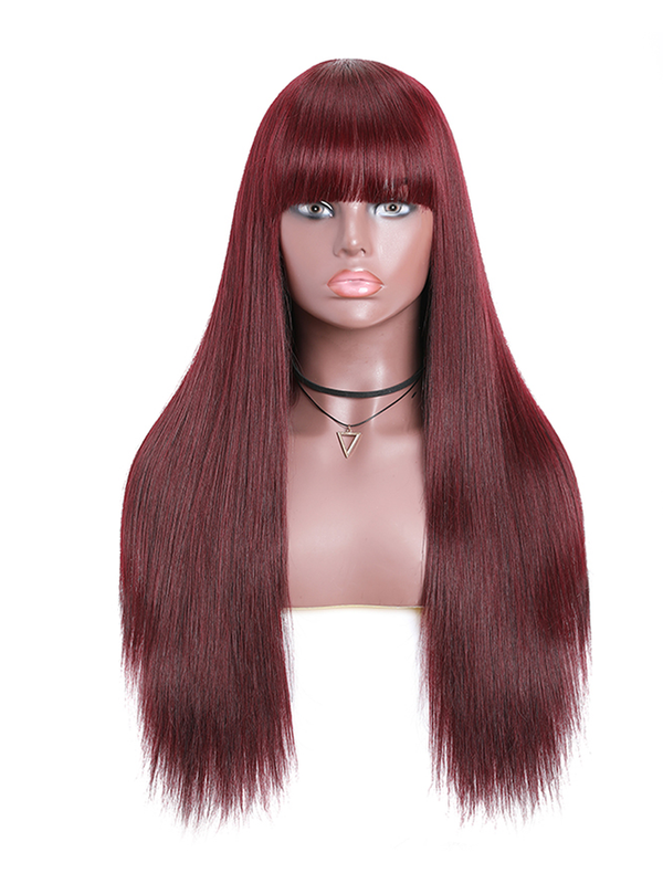 99J Straight Human Hair Wigs With Bangs 180% Density Red Color Machine Made Non-Lace Wigs For Black Women