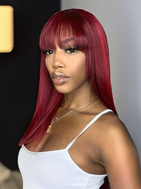 99J Straight Human Hair Wigs With Bangs 180% Density Red Color Machine Made Non-Lace Wigs For Black Women