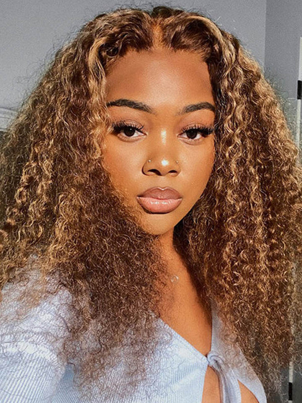 Ombre Honey Blonde Highlight Deep Curly 5x5 Lace Closure Human Hair Wigs