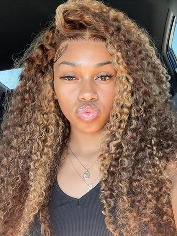 Ombre Honey Blonde Highlight Deep Curly 5x5 Lace Closure Human Hair Wigs