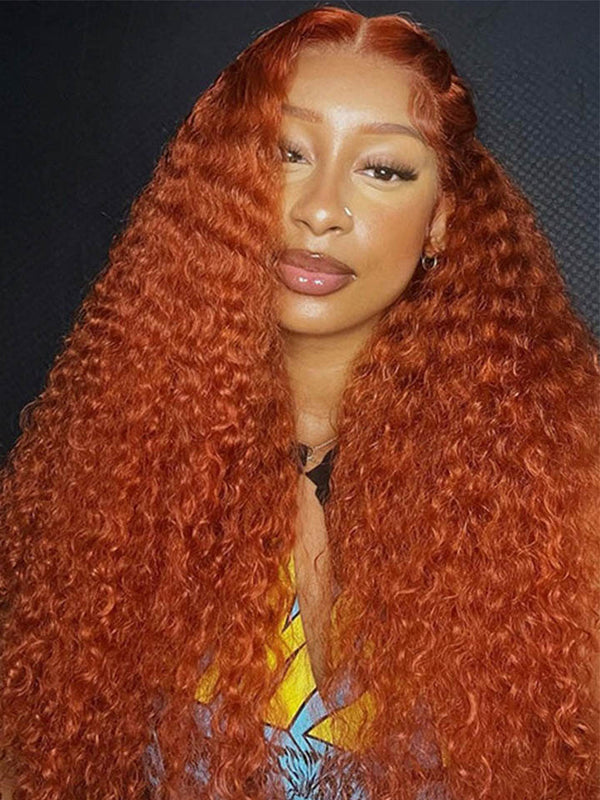 #350 Ginger Color Curly 13x4 Lace Wig Glueless Pre Plucked Human Hair Wig