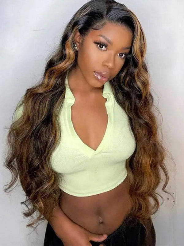 Elegant Honey Blond Ombre Brown C Part Loose Wave 5x5 Glueless Lace Wig