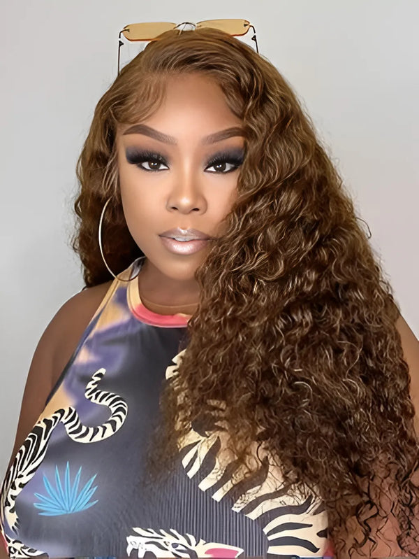 180% Density Light Brown 13x4 Deep Curly Lace Frontal Wig Human Hair