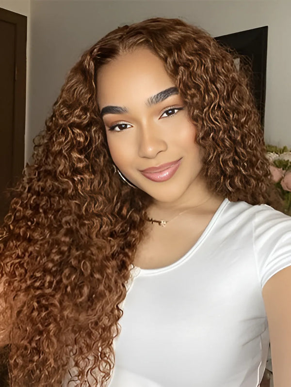 180% Density Light Brown 13x4 Deep Curly Lace Frontal Wig Human Hair