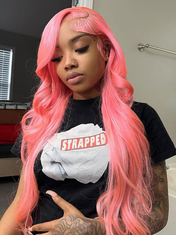 Pink Color Wig Light Pink Body Wave Transparent 13*4 Lace Wigs