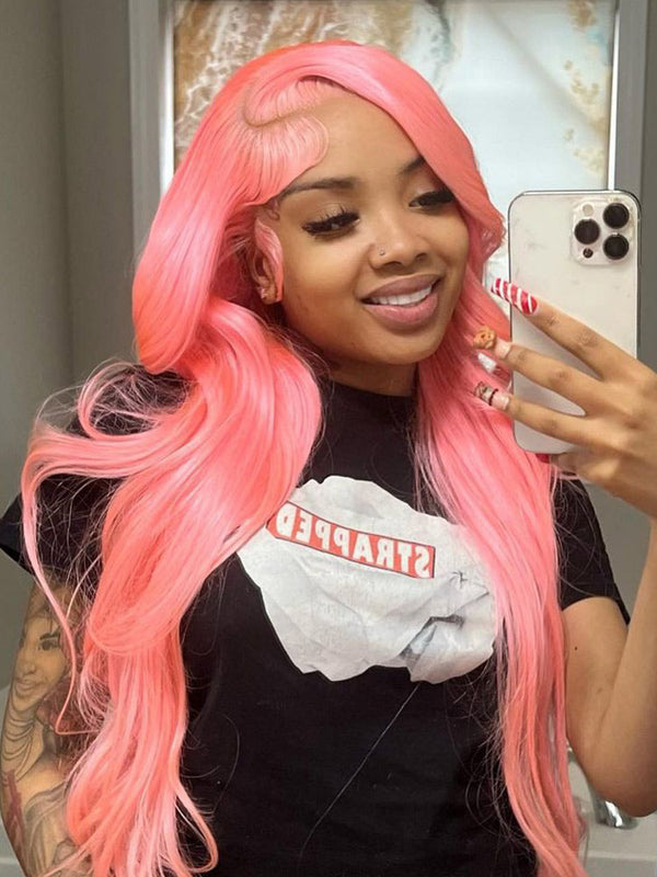 Pink Color Wig Light Pink Body Wave Transparent 13*4 Lace Wigs