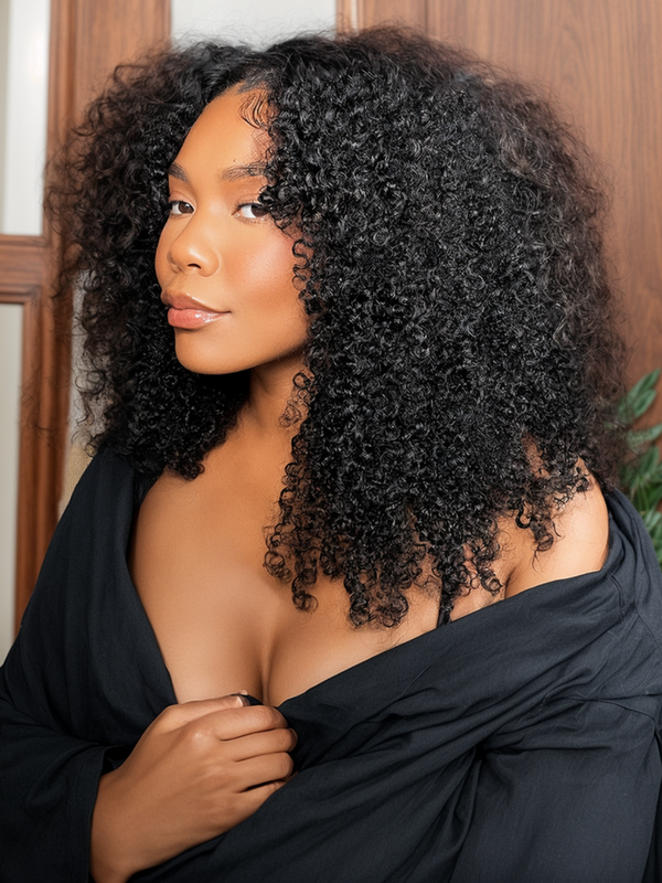 Kinky Curly V Part Wigs Human Hair Curly Wigs Remy Hair No Glue Natural Color