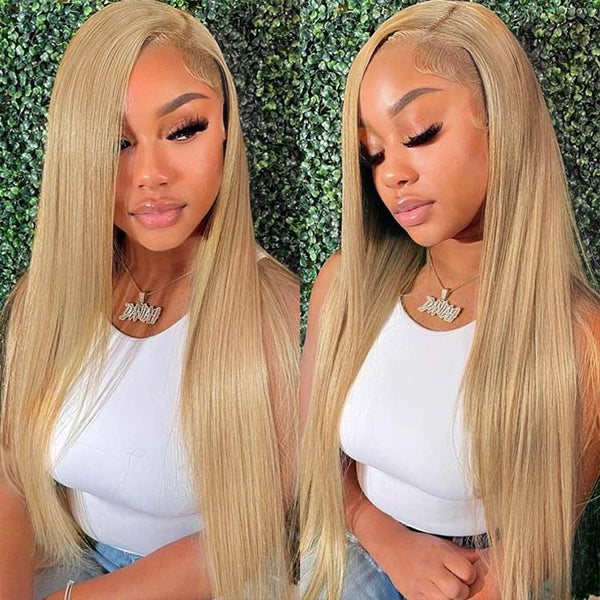 27# Honey Blonde Colored Straight Lace Front Human Hair Wigs Brazilian Remy Hair