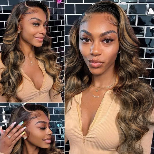Elegant Honey Blond Ombre Brown C Part Loose Wave 5x5 Glueless Lace Wig