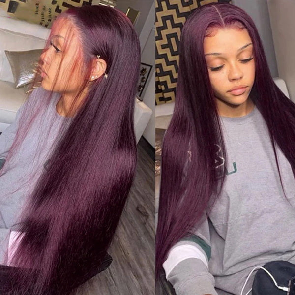 Dark Purple Plum Color Straight 13x4 Transparent Lace Front Wigs Human Hair Wigs Pre-plucked