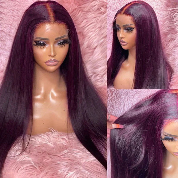 Dark Purple Plum Color Straight 13x4 Transparent Lace Front Wigs Human Hair Wigs Pre-plucked