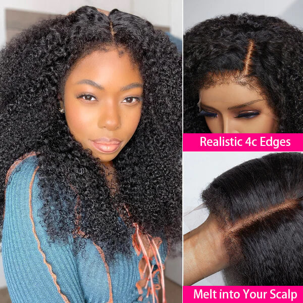 Undetectable Kinky Curly 4C Edges Kinky Edges 13x4 Frontal Lace Glueless Wig