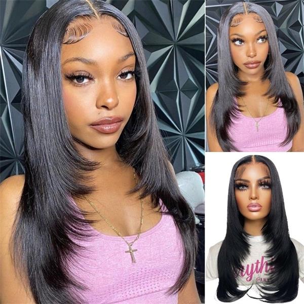 Stylish Layered Cut Straight Transparent 5x5 Closure Lace Wig Pre-plucked Haircut Wig