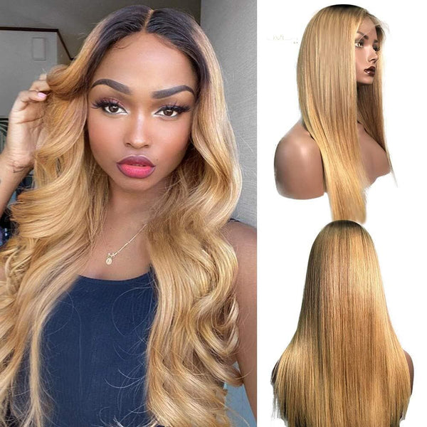 Ombre Human Hair Wigs Pre Plucked T Part Lace Wig Body Wave 1B27 Natural Hairline With Baby Hair