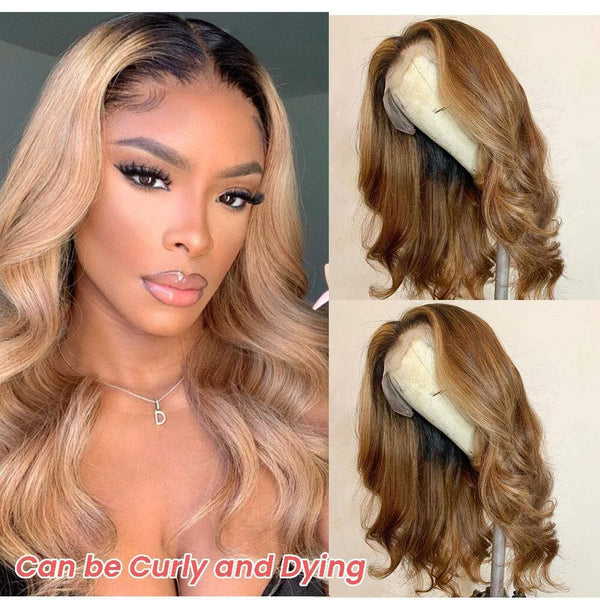 Ombre Wigs Straight Human Hair Wigs 1B27 Honey Blonde T Part Lace Wigs