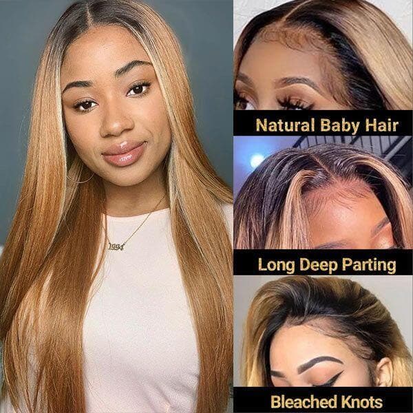 Ombre Wigs Straight Human Hair Wigs 1B27 Honey Blonde T Part Lace Wigs