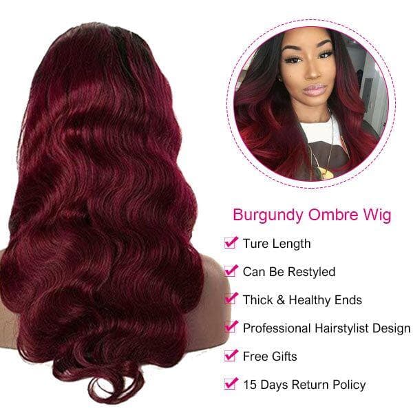 Body Wave/Straight Ombre 99J Human Hair Wigs 180% Density 1B/99J T Part Lace Wigs