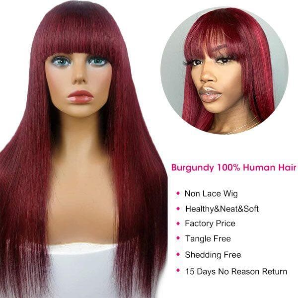 Alipop Burgundy Straight Human Hair Wigs With Bangs