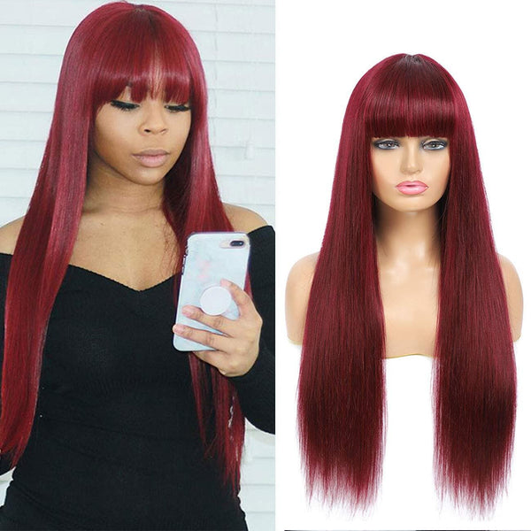 Alipop Burgundy Straight Wigs With Bangs