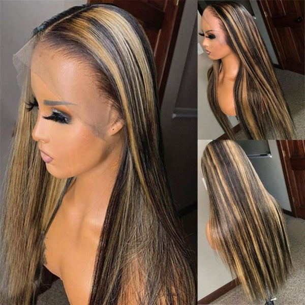 Balayage Hair Highlights Straight Hair Transparent Lace Front Wig Human Hair Colored Wigs