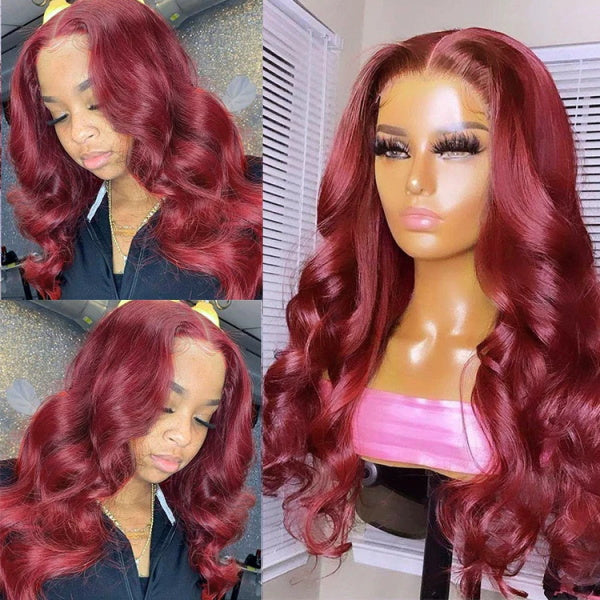 99J Burgundy Color Body Wave Hair 13x4 Lace Front Wigs Pre Plucked Hairline