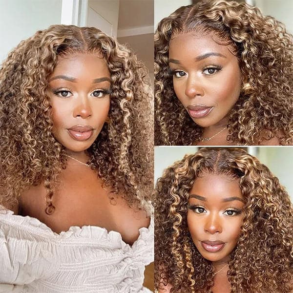 Deep Curly 4/27 Brown Colored Highlight Wig Transparent Lace Wig 4/27 Mix Color T Part Wig Curly Human Hair