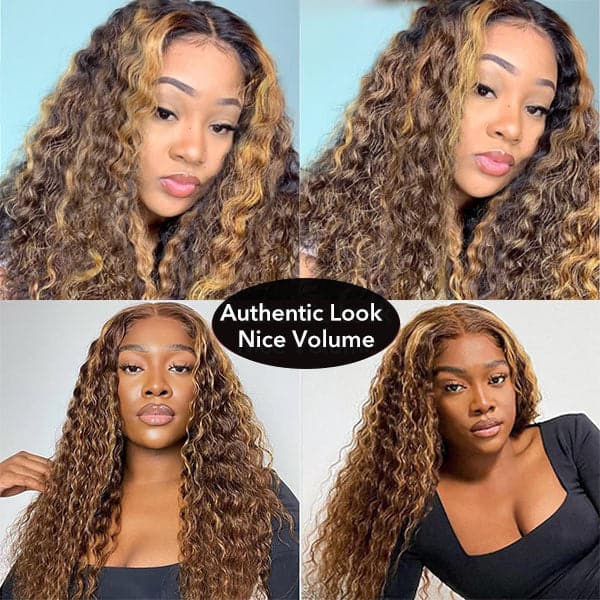 Deep Curly 4/27 Brown Colored Highlight Wig Transparent Lace Wig 4/27 Mix Color T Part Wig Curly Human Hair