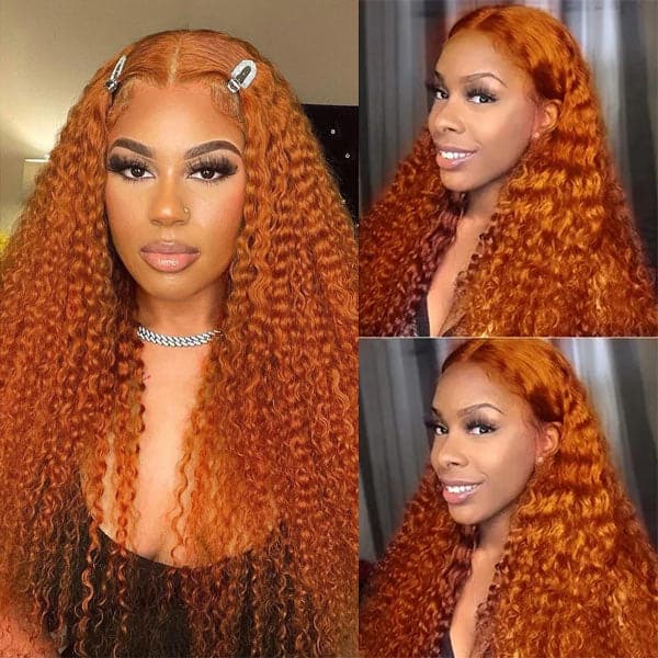 #350 Ginger Color Curly 13x4 Lace Wig Glueless Pre Plucked Human Hair Wig