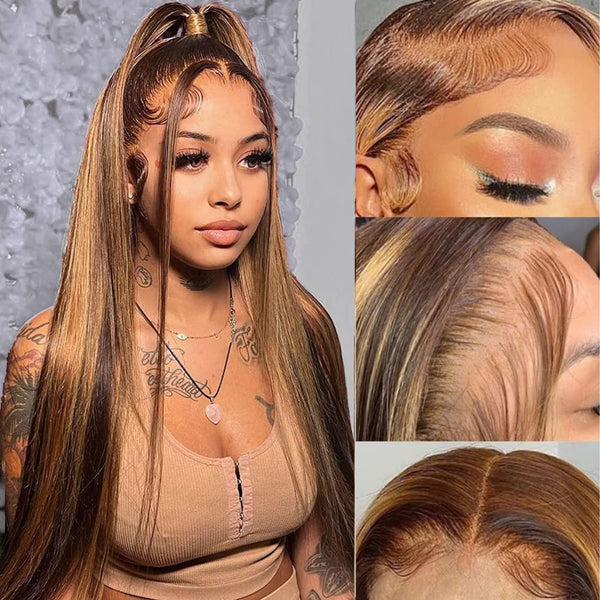 Honey Blonde Transparent 360 Lace Frontal Human Hair Wigs 4/27 Highlights Straight Colored Lace Wig