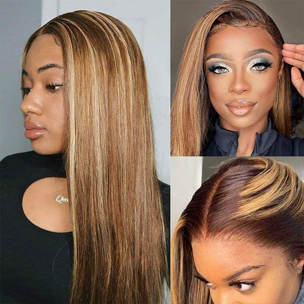 Honey Blonde Transparent 360 Lace Frontal Human Hair Wigs 4/27 Highlights Straight Colored Lace Wig