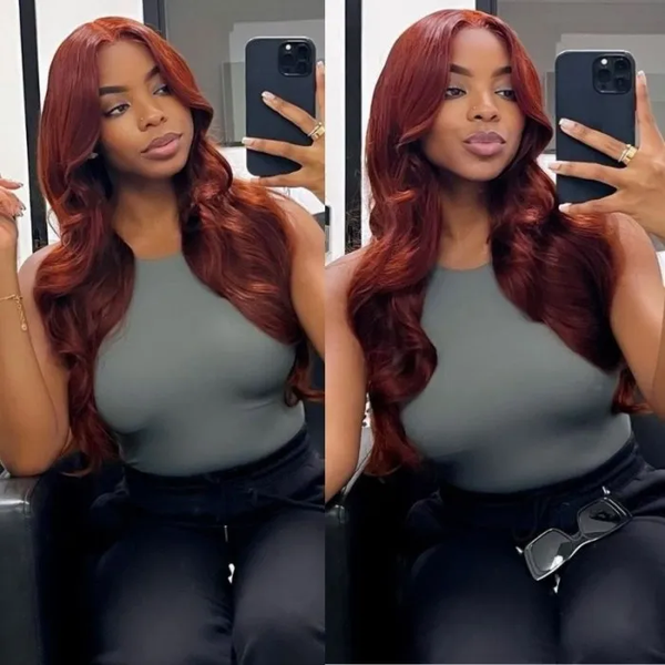 Alipop Hair 33 Red Brown Auburn T Part Lace Wig Body Wave Human Hair Colored Wigs