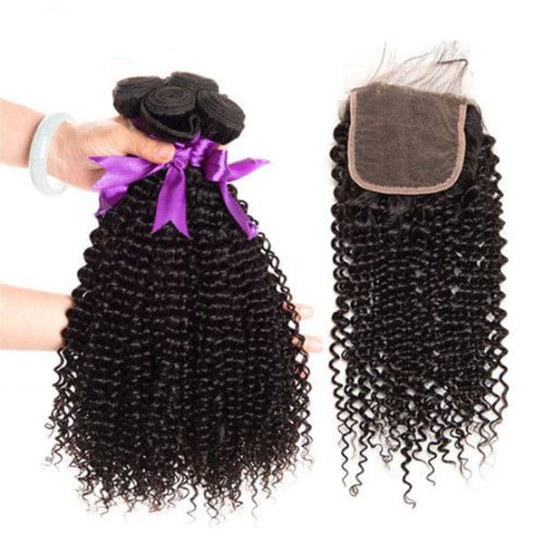 Alipop Hair Kinky Curly 4 Bundles With Lace Closure 100% Unprocessed Kinky Curly Human Hair Bundles with 4x4 Lace Closure Natural Color