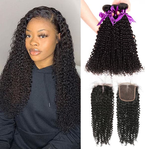 Alipop Hair Kinky Curly 3 Bundles with Lace Closure 100% Unprocessed Brazilian Kinky Curly Hair Weave Bundles Natural Color