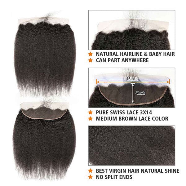 Alipop Hair Kinky Straight 3 Bundles With Lace Frontal 100% Unprocessed Malaysian Virgin Human Hair Natural Color