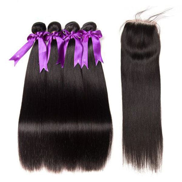 Alipop Hair Straight Hair 4 Bundles with Lace Closure Virgin Remy Hair Weave 100% Unprocessed Human Natural Color
